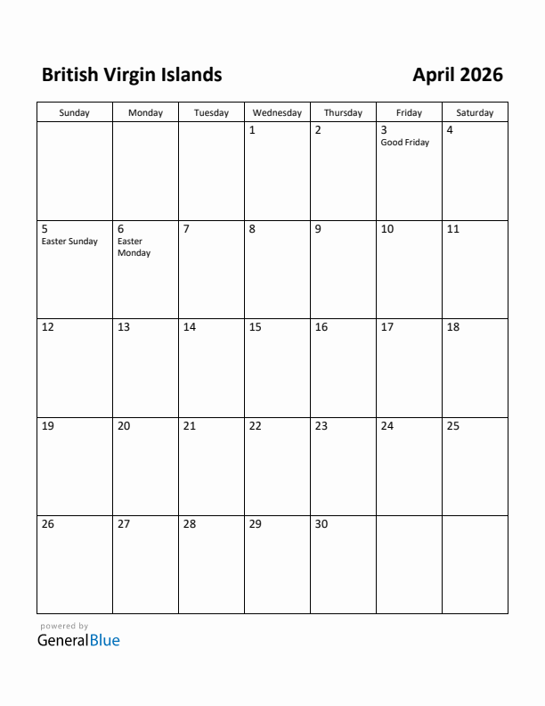 April 2026 Calendar with British Virgin Islands Holidays