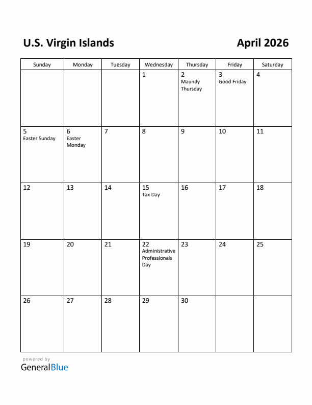 April 2026 Calendar with U.S. Virgin Islands Holidays