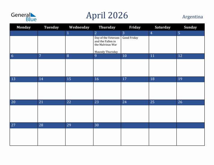 April 2026 Argentina Calendar (Monday Start)