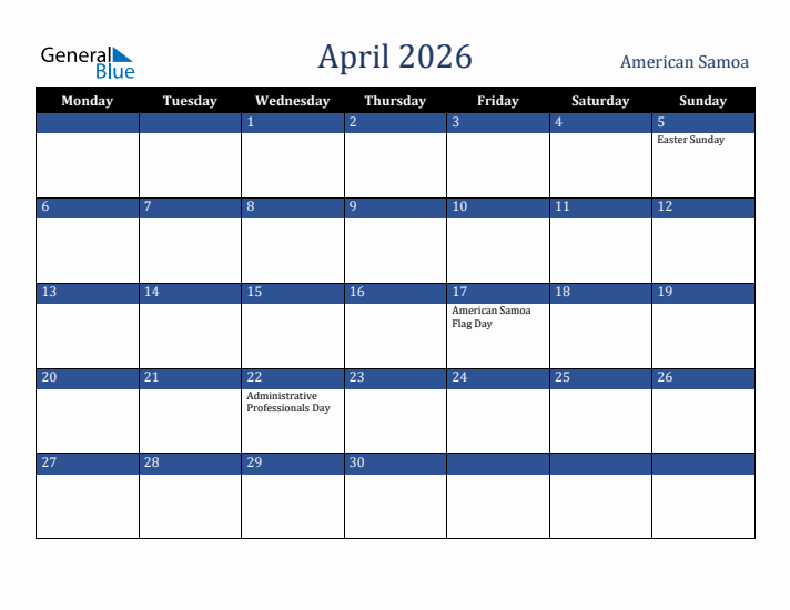 April 2026 American Samoa Calendar (Monday Start)