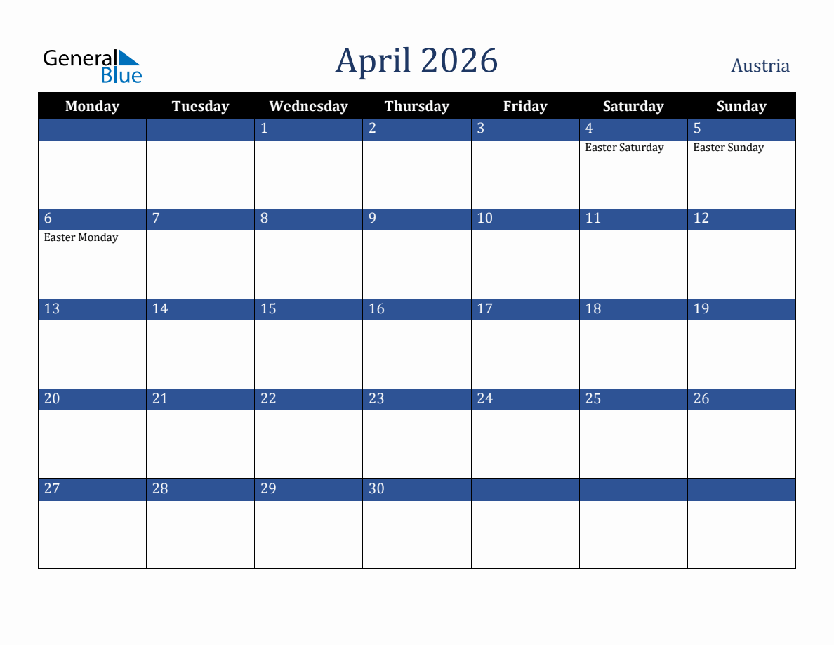 April 2026 Austria Holiday Calendar (Monday Start)