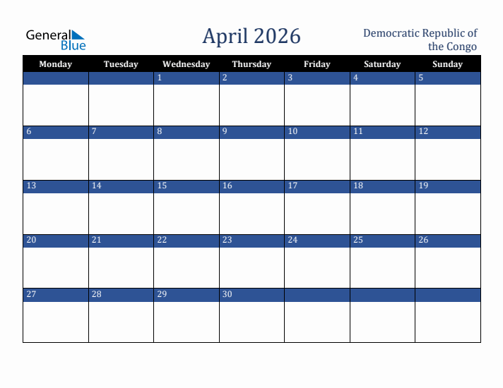 April 2026 Democratic Republic of the Congo Calendar (Monday Start)