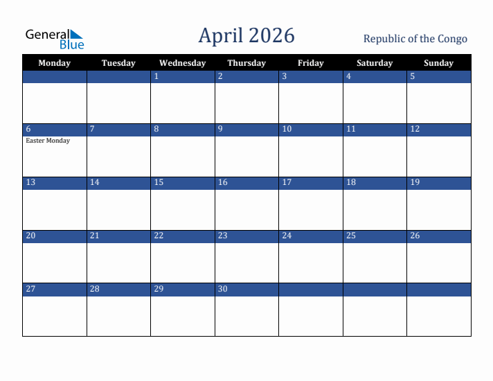 April 2026 Republic of the Congo Calendar (Monday Start)