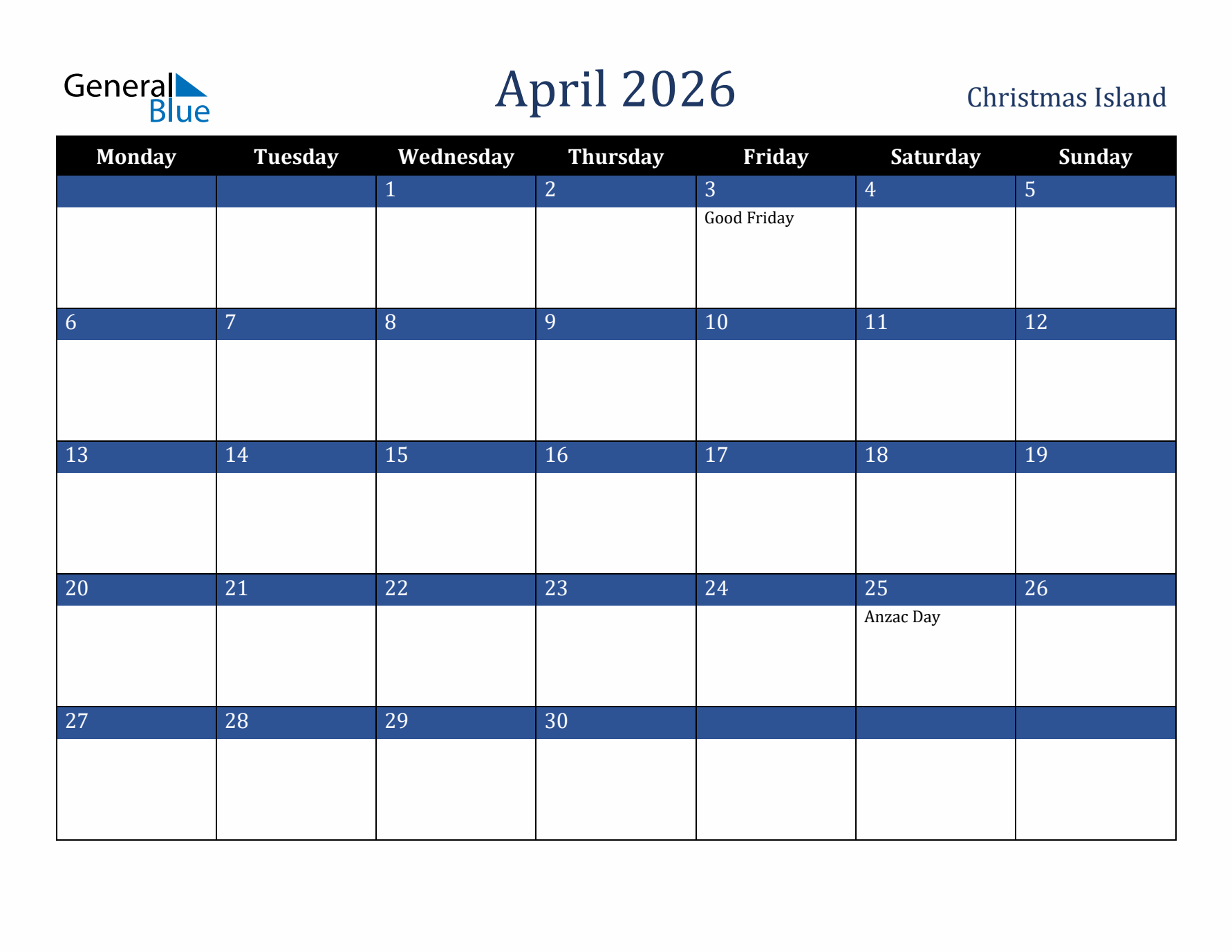 April 2026 Christmas Island Calendar (Monday Start)