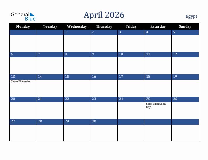 April 2026 Egypt Calendar (Monday Start)