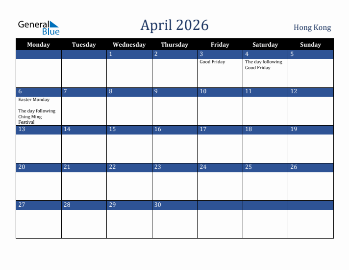 April 2026 Hong Kong Calendar (Monday Start)