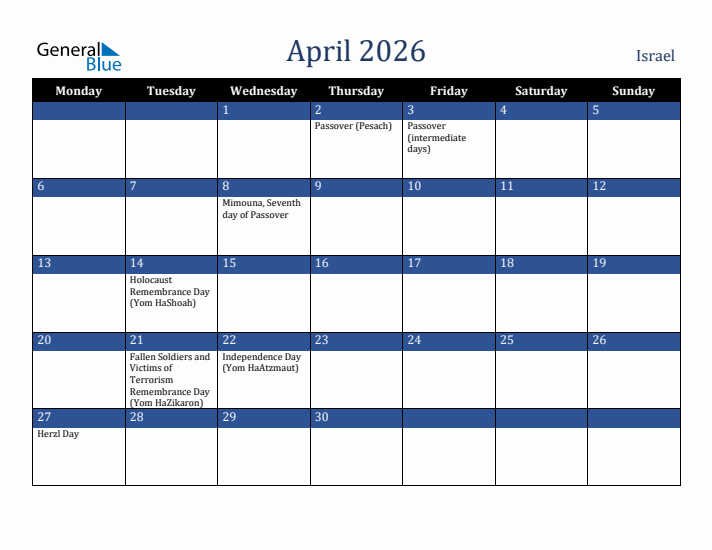 April 2026 Israel Calendar (Monday Start)