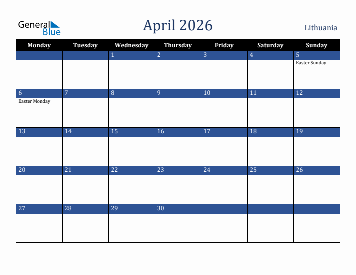 April 2026 Lithuania Calendar (Monday Start)