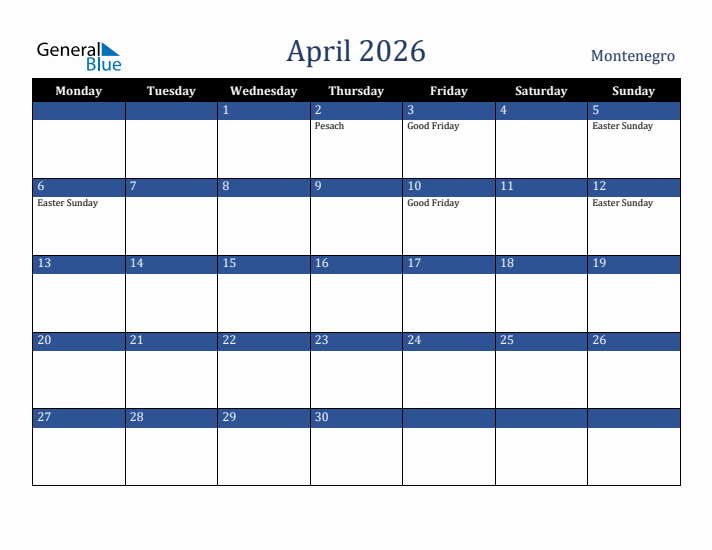 April 2026 Montenegro Calendar (Monday Start)