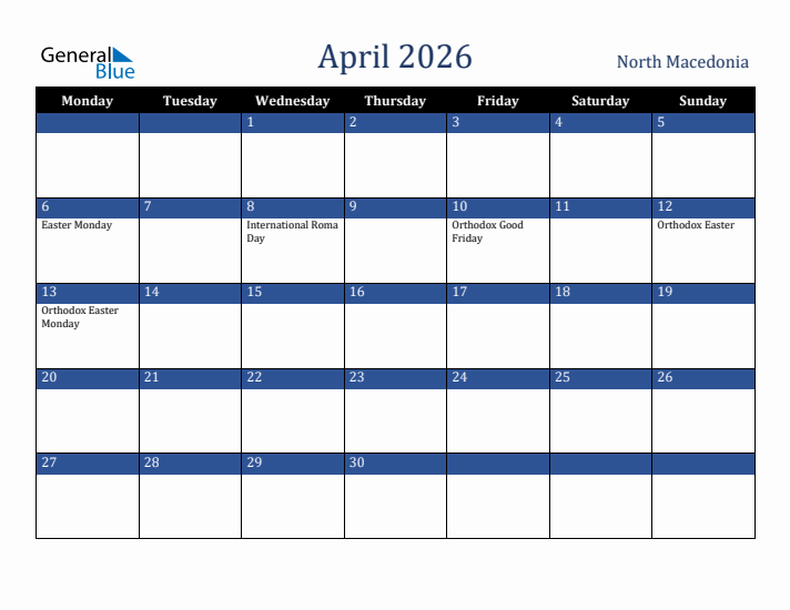 April 2026 North Macedonia Calendar (Monday Start)