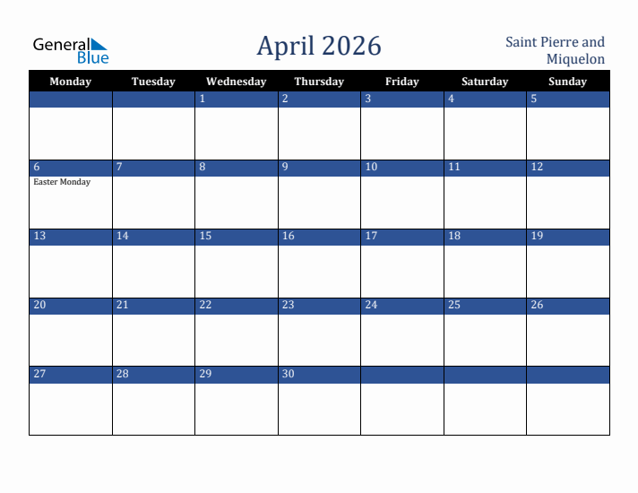 April 2026 Saint Pierre and Miquelon Calendar (Monday Start)