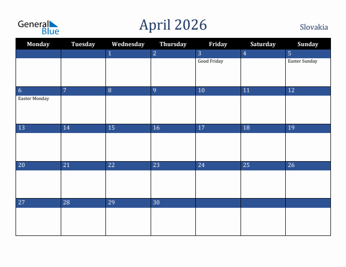 April 2026 Slovakia Calendar (Monday Start)