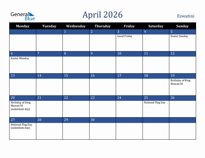 April 2026 Eswatini Calendar (Monday Start)