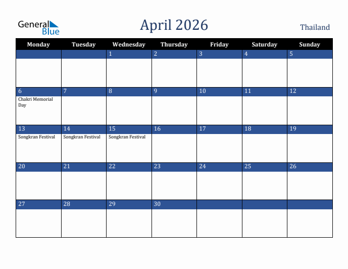 April 2026 Thailand Calendar (Monday Start)