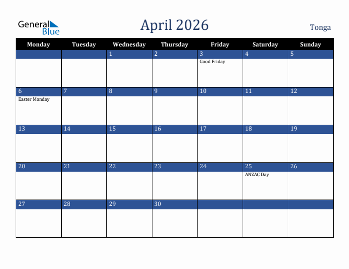 April 2026 Tonga Calendar (Monday Start)