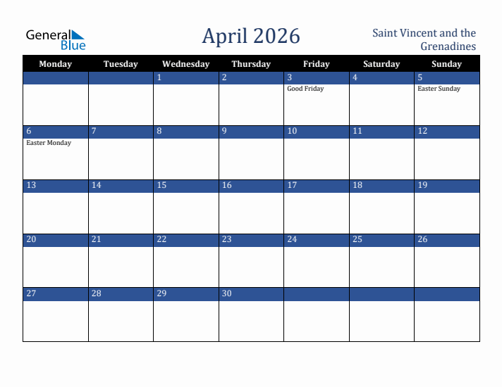 April 2026 Saint Vincent and the Grenadines Calendar (Monday Start)