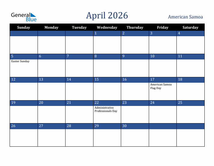 April 2026 American Samoa Calendar (Sunday Start)