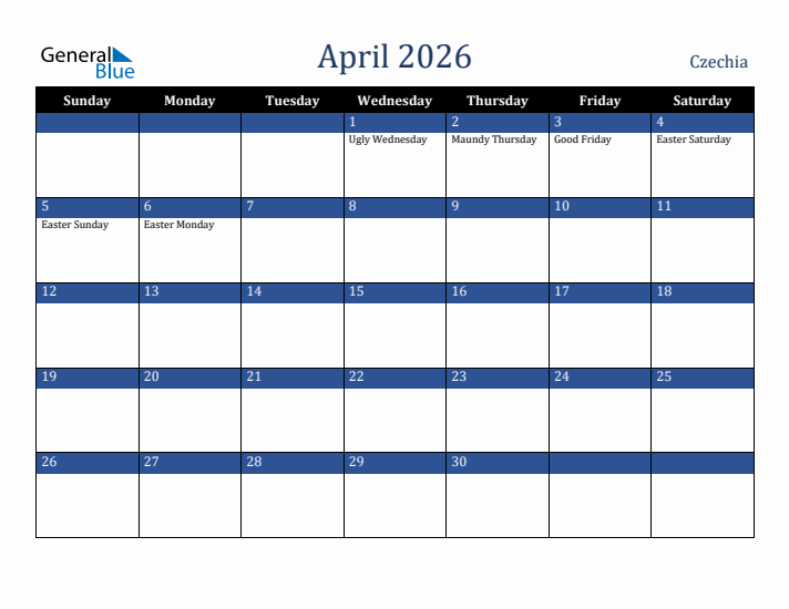 April 2026 Czechia Calendar (Sunday Start)