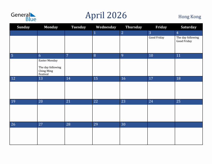 April 2026 Hong Kong Calendar (Sunday Start)