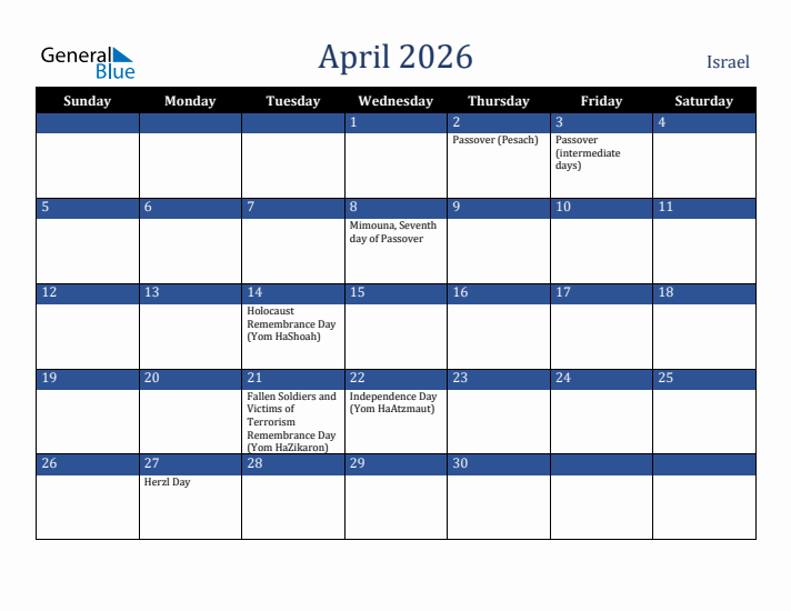 April 2026 Israel Calendar (Sunday Start)