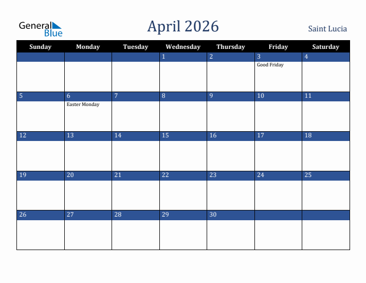 April 2026 Saint Lucia Calendar (Sunday Start)