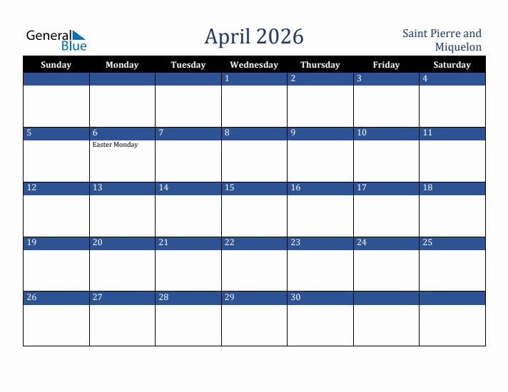 April 2026 Saint Pierre and Miquelon Calendar (Sunday Start)