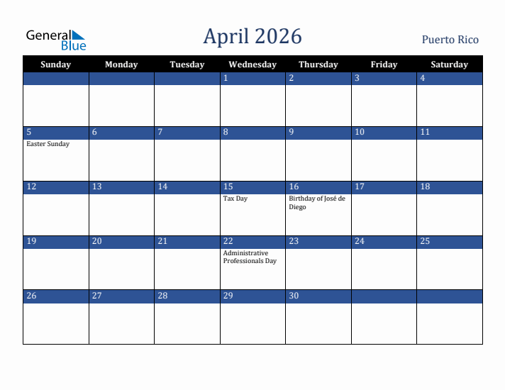 April 2026 Puerto Rico Calendar (Sunday Start)
