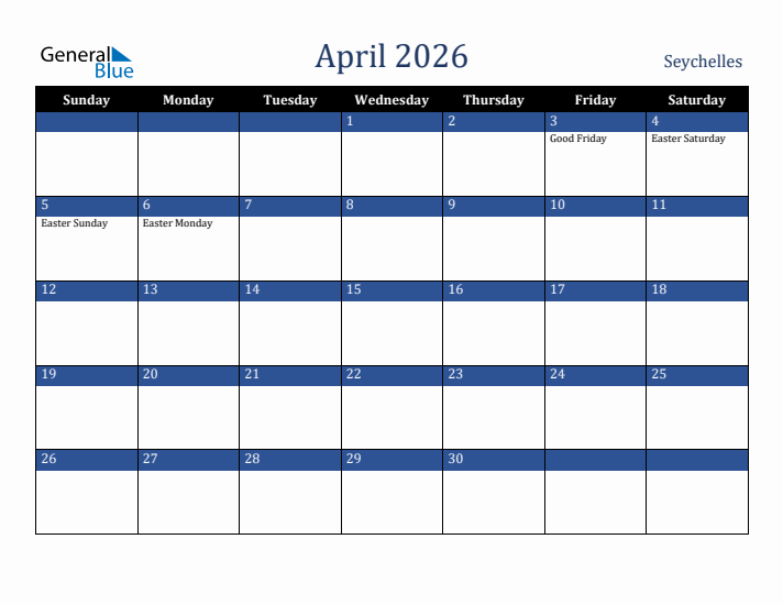 April 2026 Seychelles Calendar (Sunday Start)