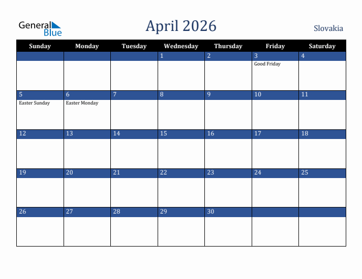 April 2026 Slovakia Calendar (Sunday Start)