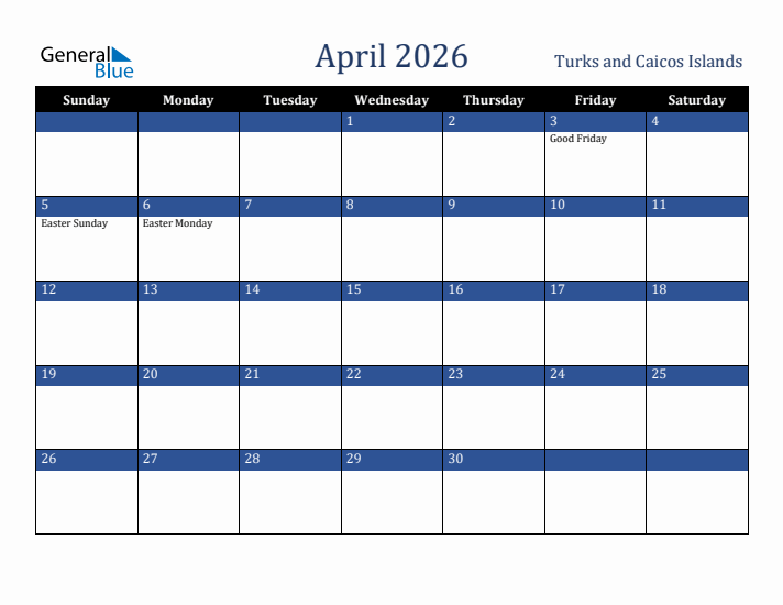 April 2026 Turks and Caicos Islands Calendar (Sunday Start)