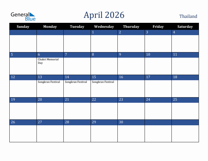 April 2026 Thailand Calendar (Sunday Start)