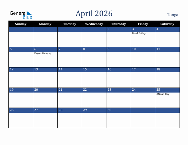 April 2026 Tonga Calendar (Sunday Start)