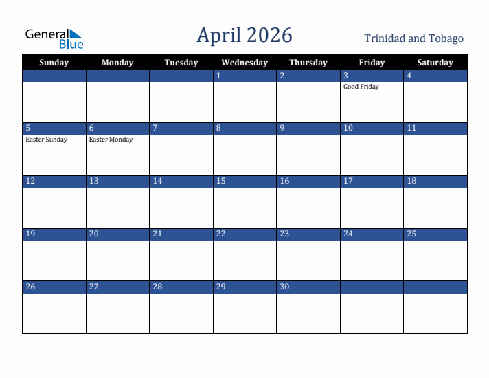 April 2026 Trinidad and Tobago Calendar (Sunday Start)