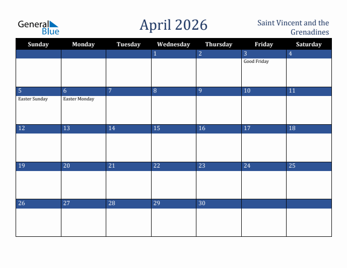 April 2026 Saint Vincent and the Grenadines Calendar (Sunday Start)