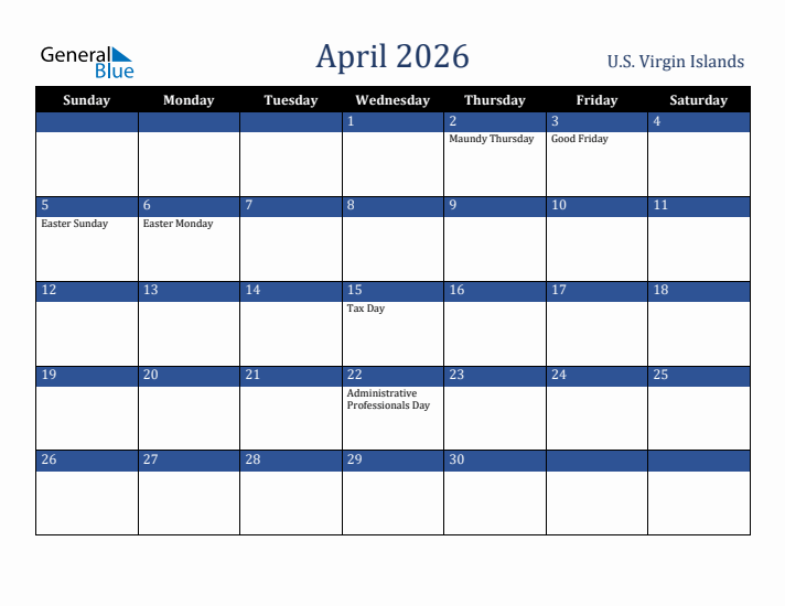 April 2026 U.S. Virgin Islands Calendar (Sunday Start)