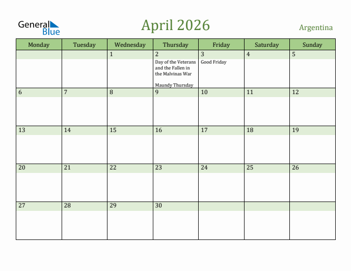 April 2026 Calendar with Argentina Holidays