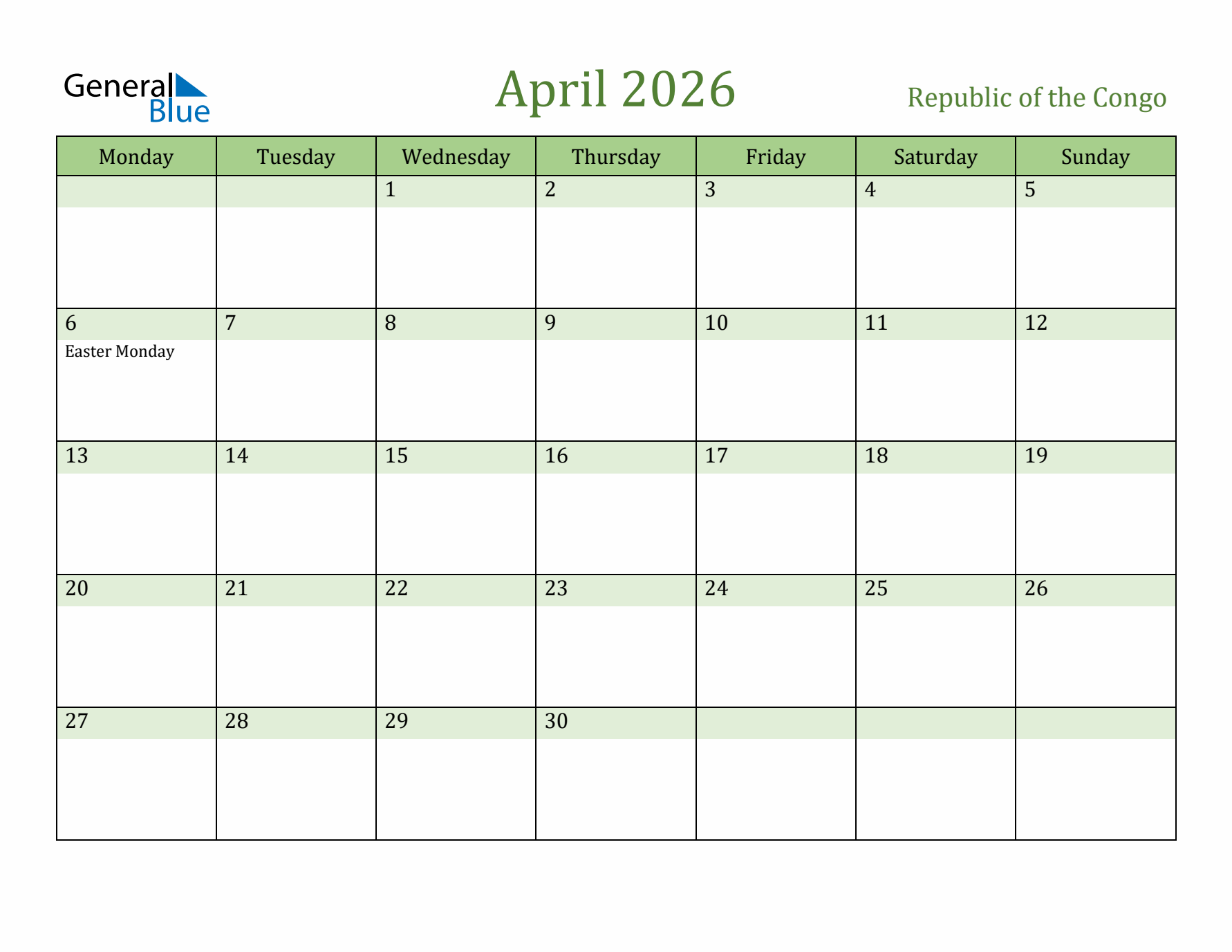 April 2026 Calendar with Republic of the Congo Holidays