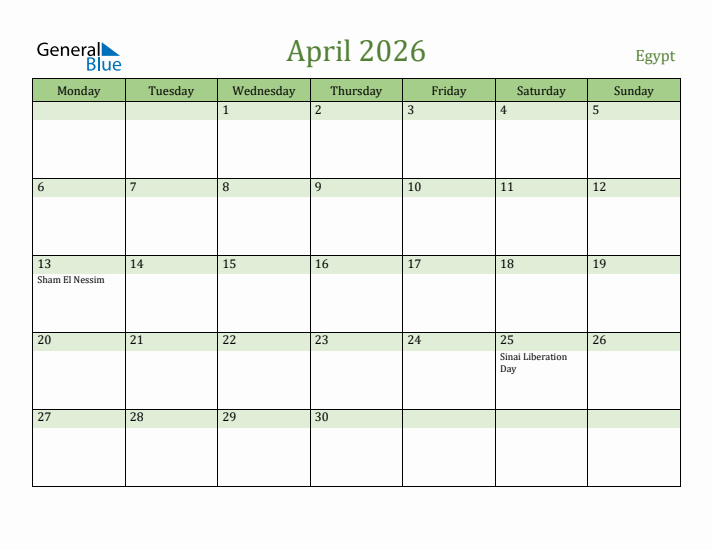 April 2026 Calendar with Egypt Holidays
