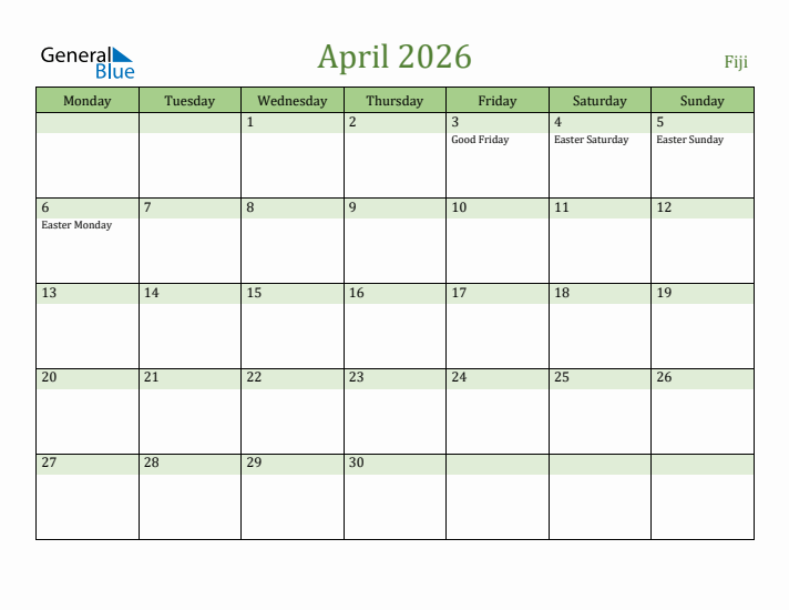 April 2026 Calendar with Fiji Holidays