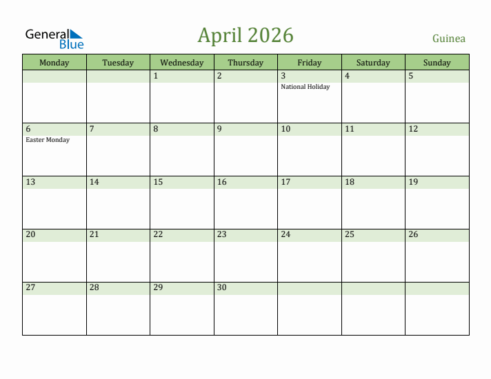 April 2026 Calendar with Guinea Holidays