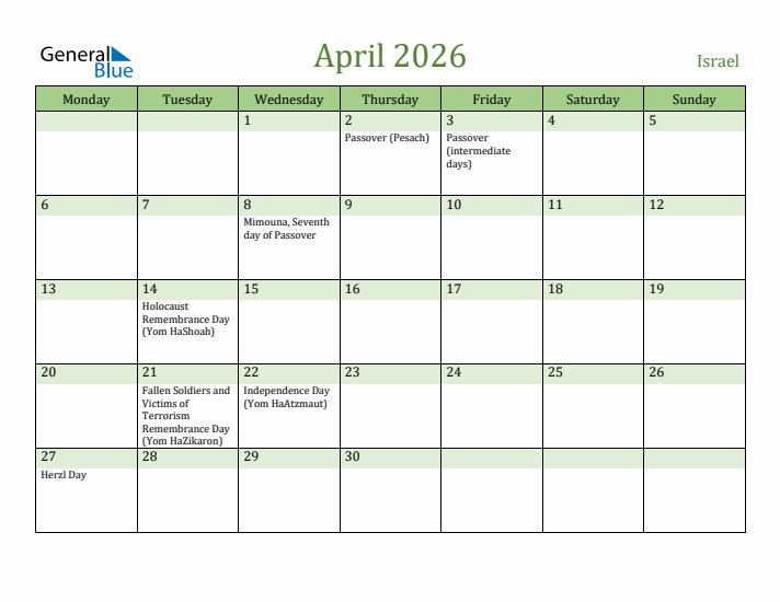 April 2026 Calendar with Israel Holidays