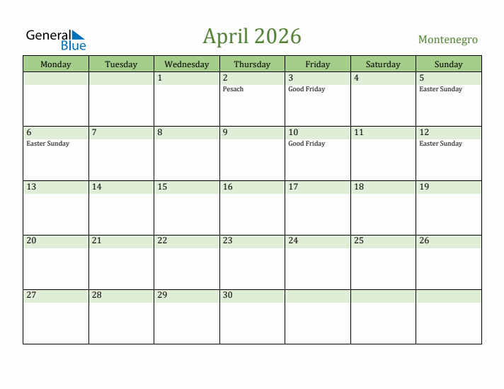 April 2026 Calendar with Montenegro Holidays