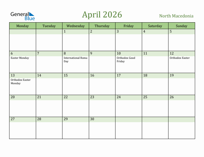 April 2026 Calendar with North Macedonia Holidays