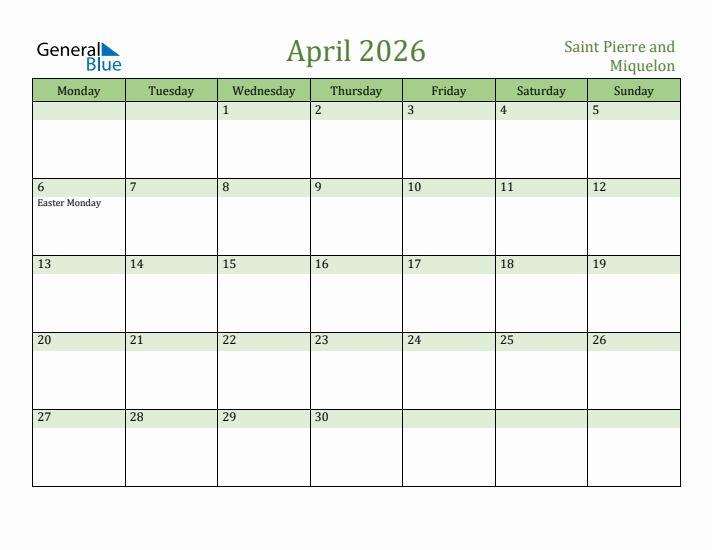 April 2026 Calendar with Saint Pierre and Miquelon Holidays