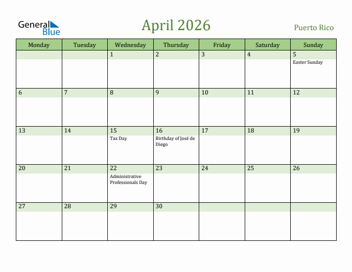 April 2026 Calendar with Puerto Rico Holidays