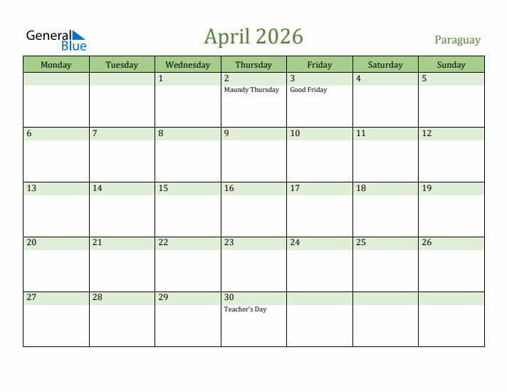 April 2026 Calendar with Paraguay Holidays