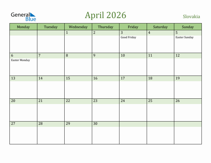 April 2026 Calendar with Slovakia Holidays