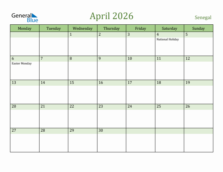 April 2026 Calendar with Senegal Holidays