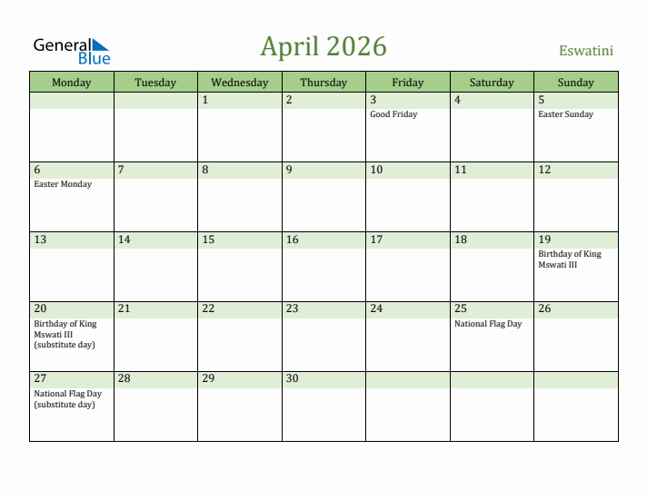 April 2026 Calendar with Eswatini Holidays