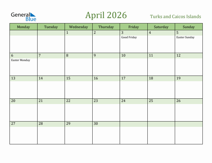 April 2026 Calendar with Turks and Caicos Islands Holidays